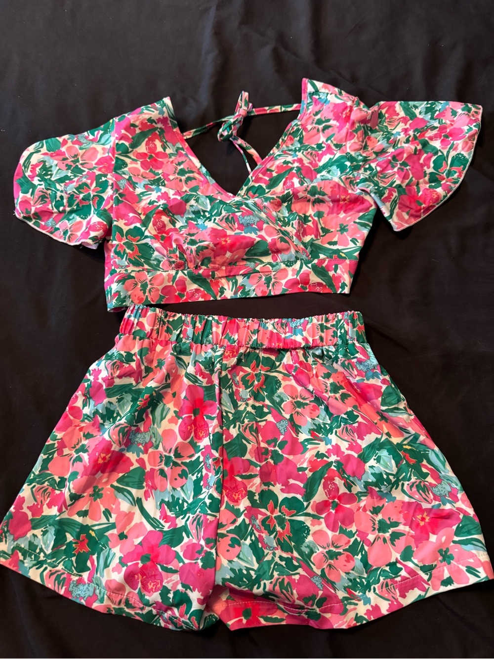 SHEIN Pink & Green Floral Puff-Sleeve Crop Top with Matching Shorts